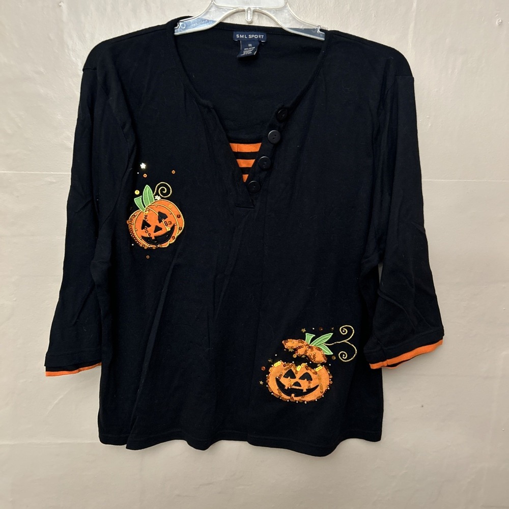 SNL Sport XXL Black Knit 3/4‎ Sleeve Top With Pumpkins Sequins